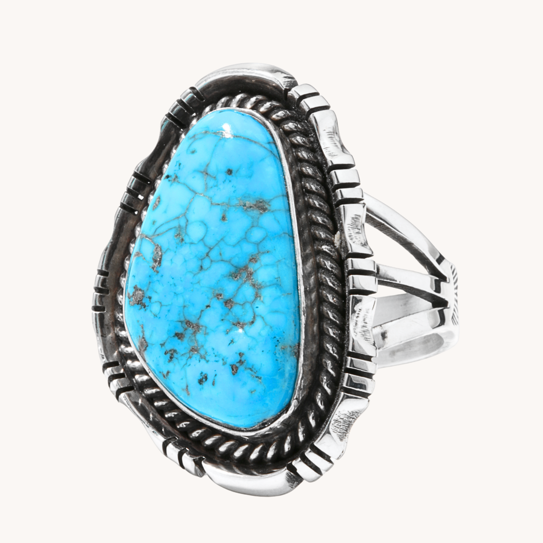 Turquoise Ring with Saw-Work and Twist Wire Border