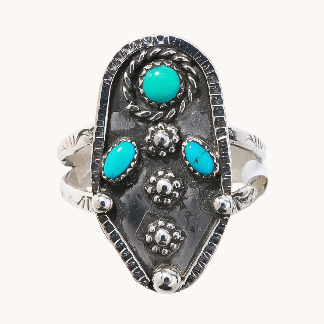 3-Stone Turquoise Ring with Silver Flowers