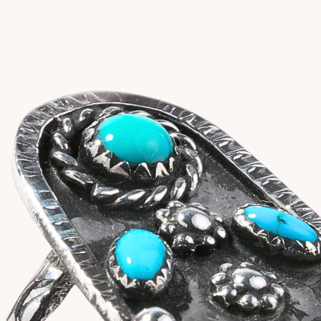 3-Stone Turquoise Ring with Silver Flowers
