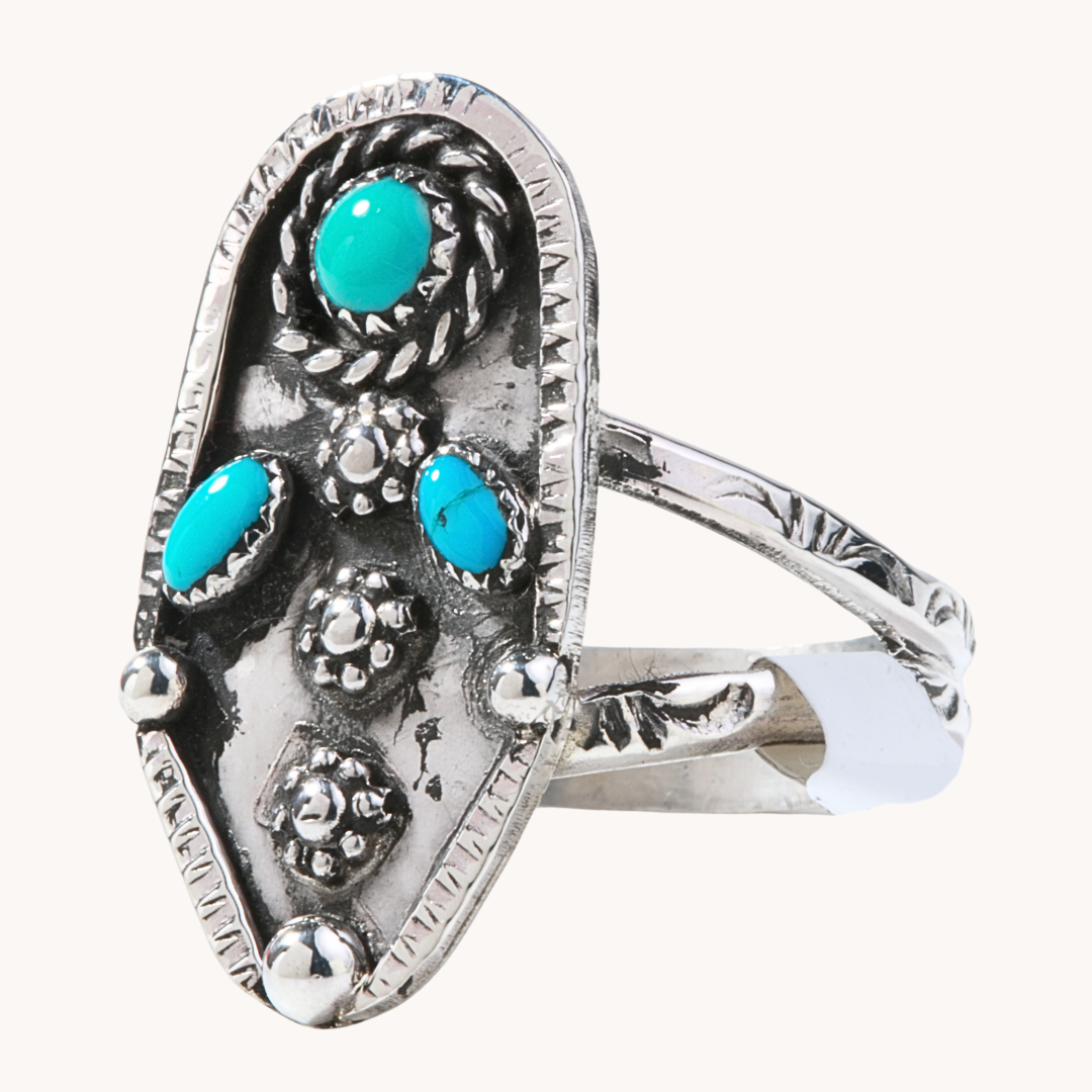 3-Stone Turquoise Ring with Silver Flowers