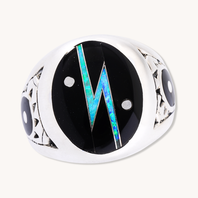 Onyx and Opal Channel Inlay Signet Ring — hand-stamped sterling silver