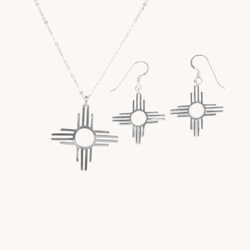 Silver Petite Pendant and Earrings Set, Shop Zia Sun Symbol – T Silver Petite Pendant and Earrings Set, Shop Zia Sun Symbol – T