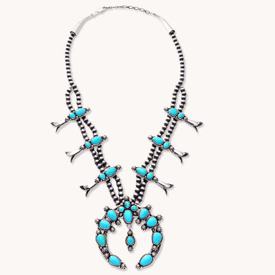 Turquoise Squash Blossom Necklace — hand-stamped sterling silver