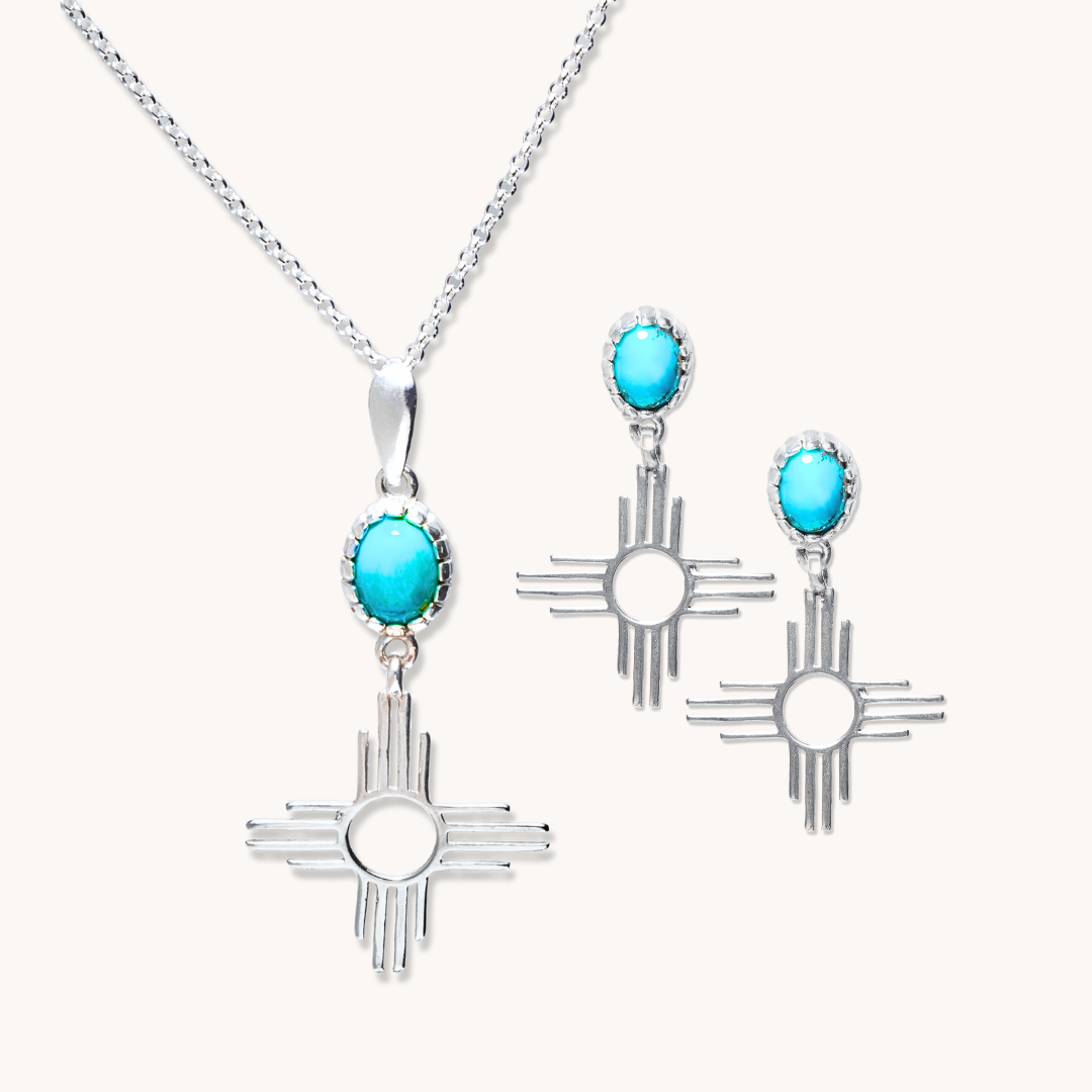 Turquoise Zia Necklace and Earrings in Sterling Silver – T.Skies