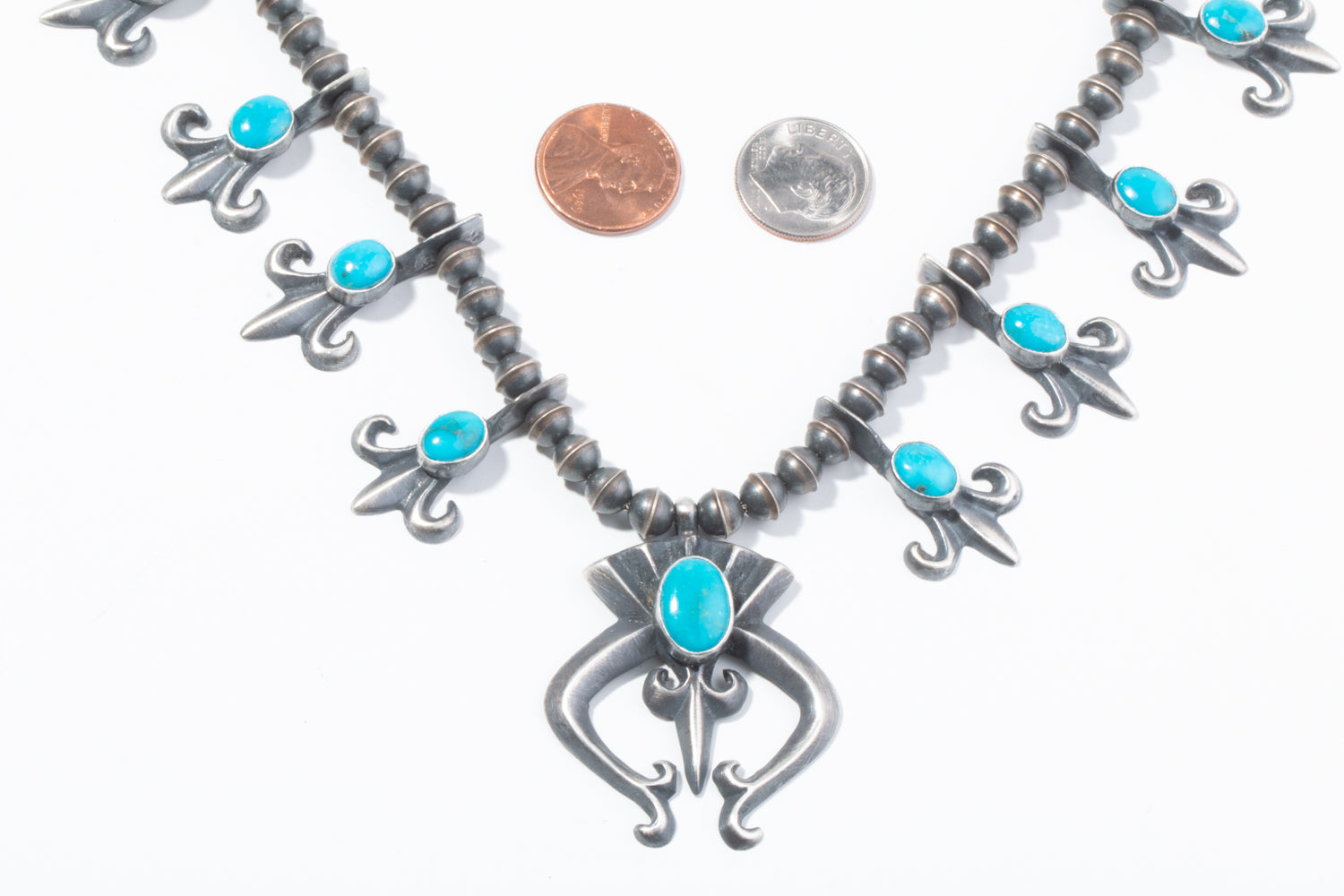 Petite Sandcast Silver Squash Blossom with Turquoise