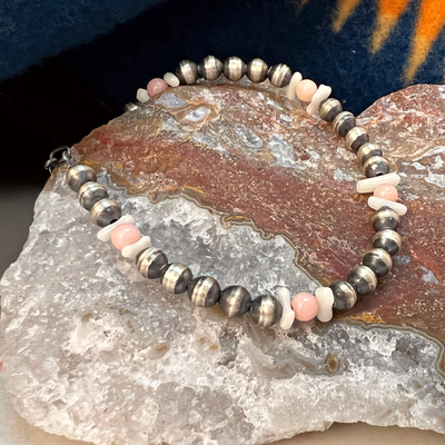 Silver Bead Bracelet with Pink Coral Beads