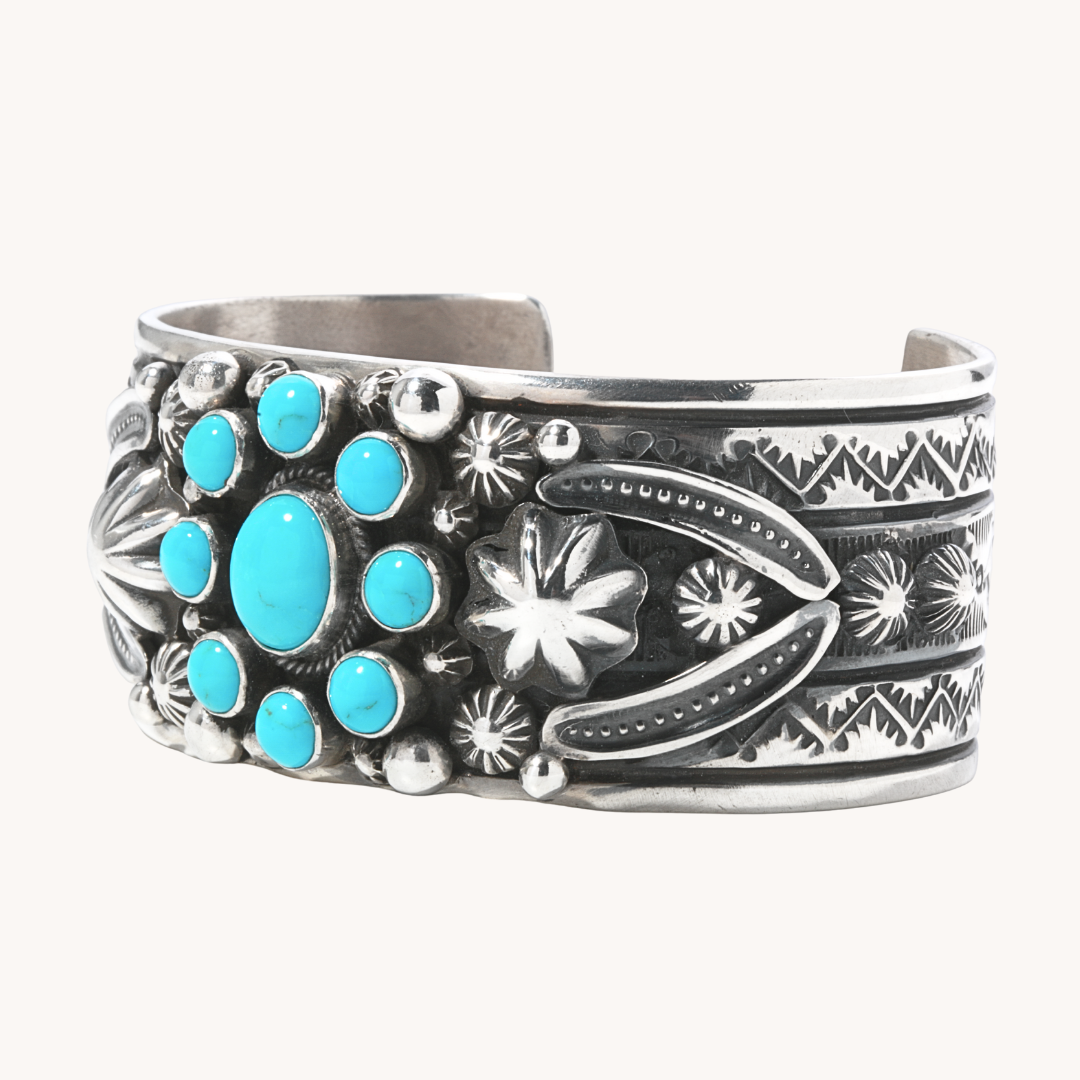 Hand-Stamped Turquoise Cluster Cuff with Appliques