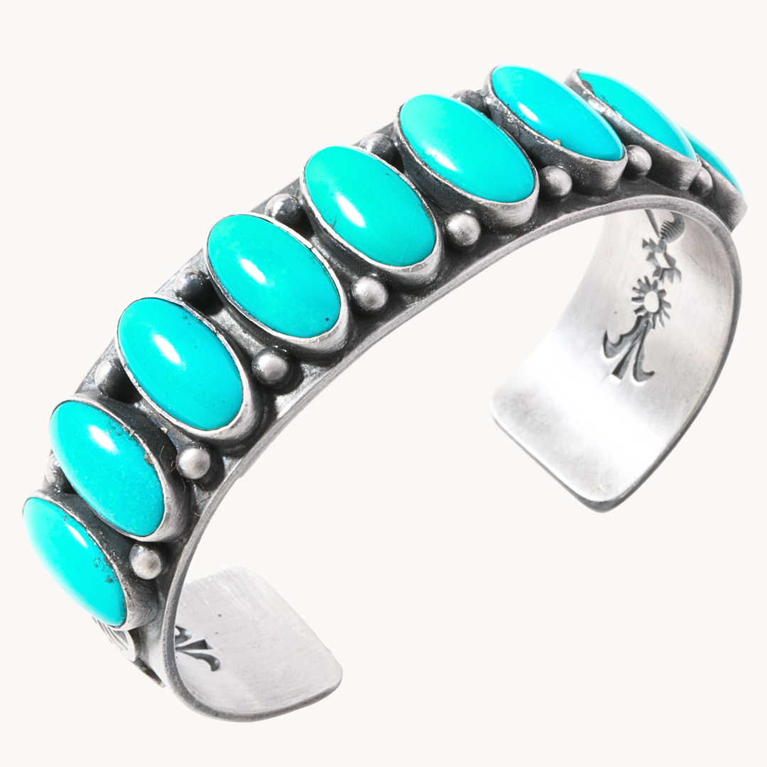 9-Stone Green Turquoise Row Cuff Bracelet