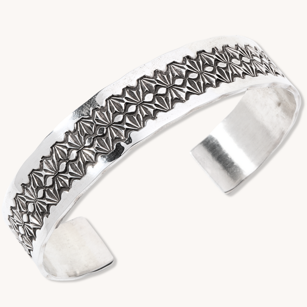 Stamp-Pattern Silver Cuff Bracelet