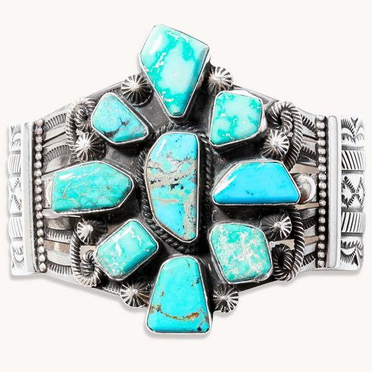 Turquoise Cluster Bracelet with Hand-Stamped Wide Cuff
