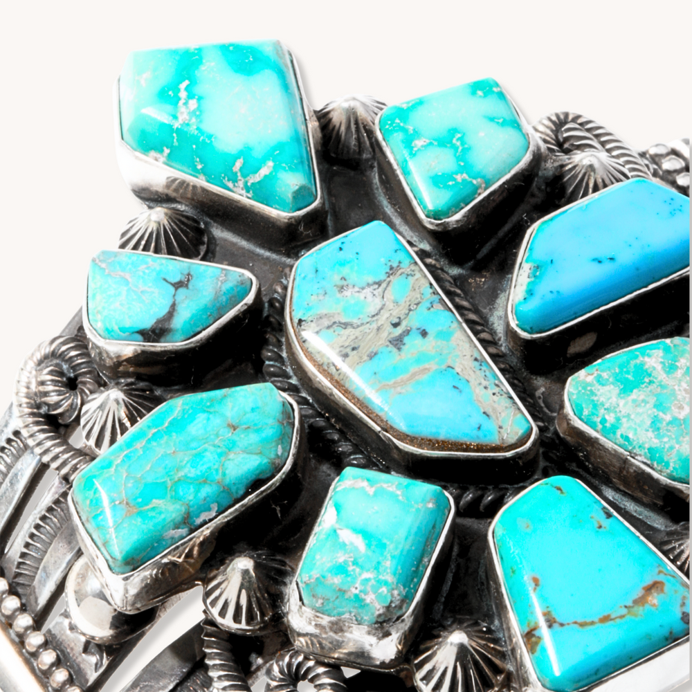 Turquoise Cluster Bracelet with Hand-Stamped Wide Cuff