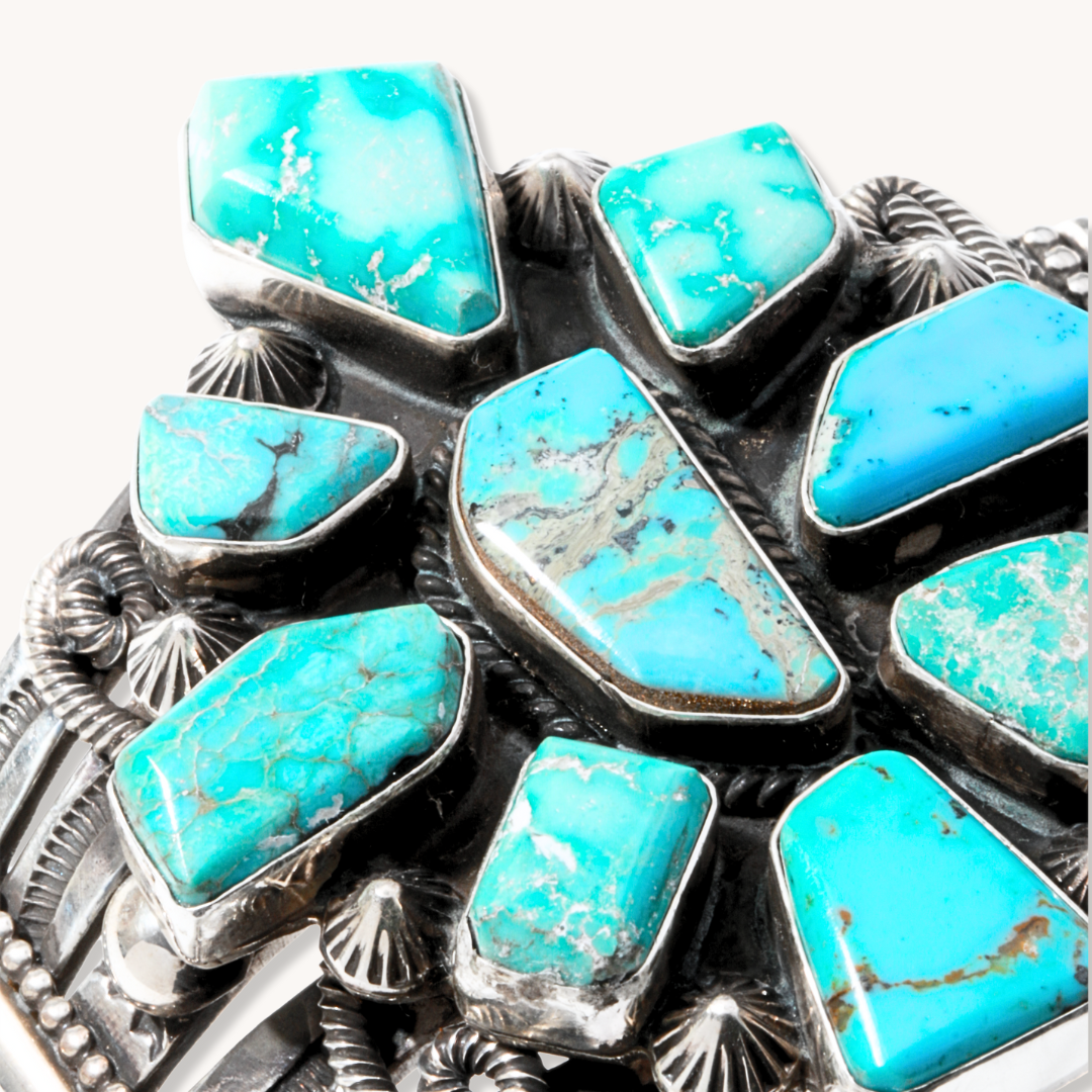 Turquoise Cluster Bracelet with Hand-Stamped Wide Cuff