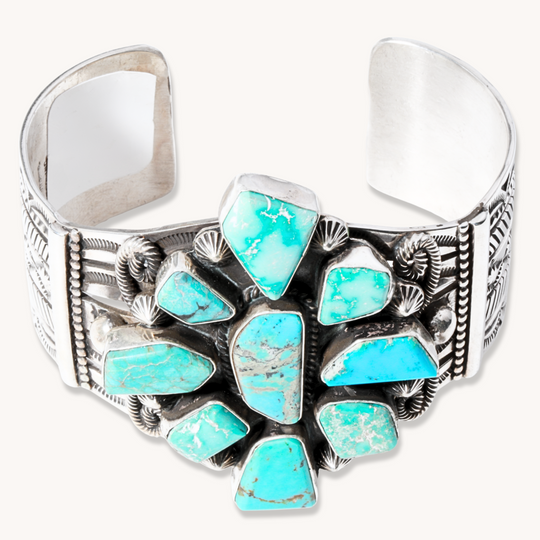 Turquoise Cluster Bracelet with Hand-Stamped Wide Cuff