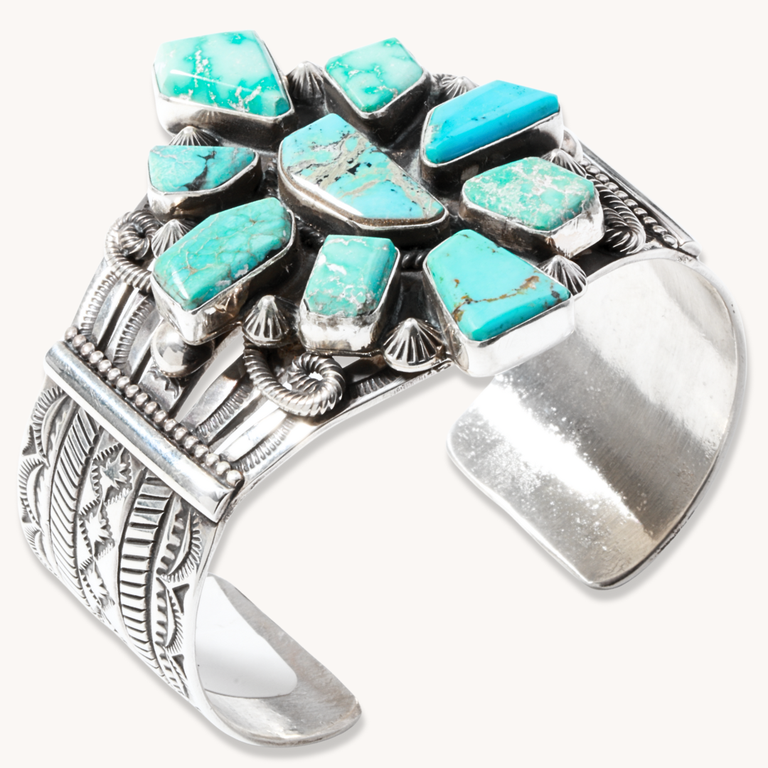 Turquoise Cluster Bracelet with Hand-Stamped Wide Cuff