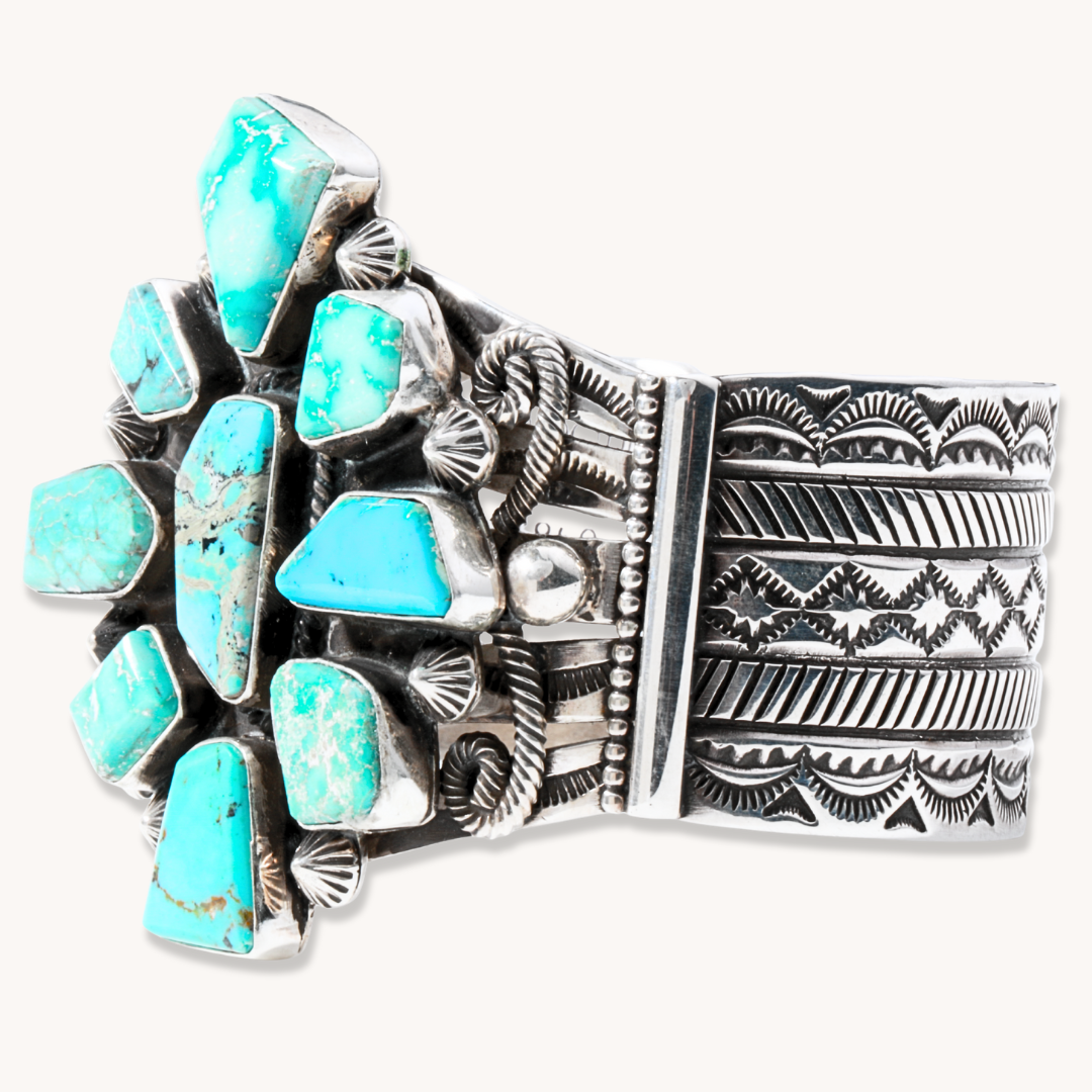 Turquoise Cluster Bracelet with Hand-Stamped Wide Cuff