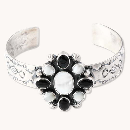 Mother of Pearl and Onyx Cluster Cuff Bracelet