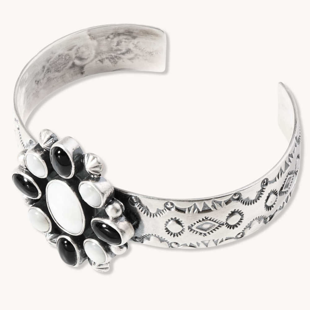 Mother of Pearl and Onyx Cluster Cuff Bracelet