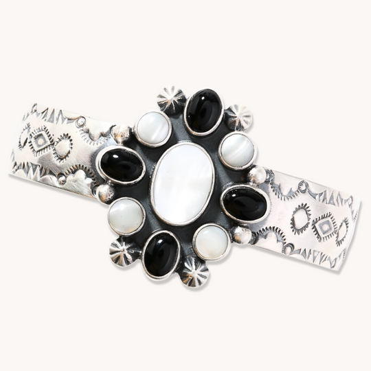Mother of Pearl and Onyx Cluster Cuff Bracelet