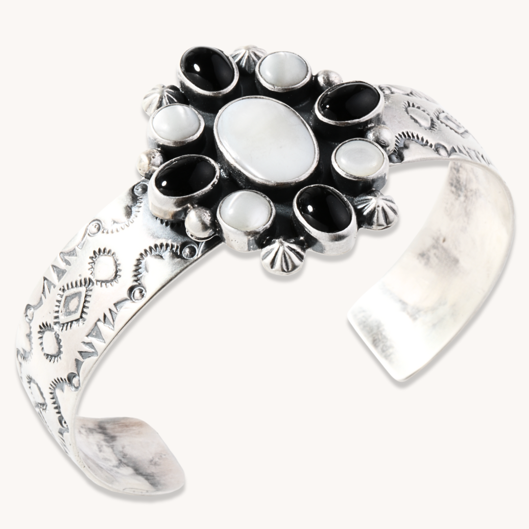 Mother of Pearl and Onyx Cluster Cuff Bracelet
