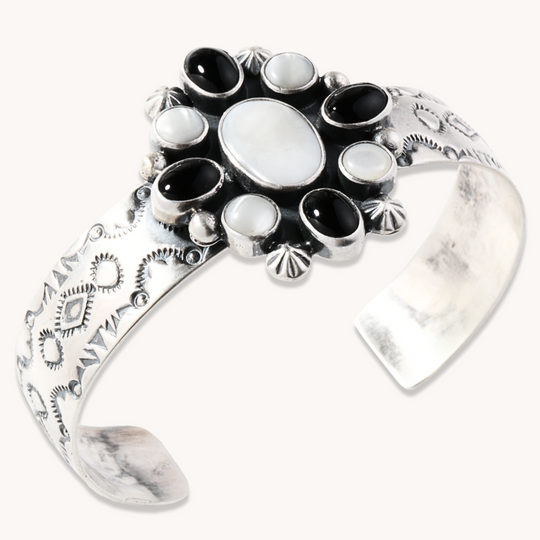 Mother of Pearl and Onyx Cluster Cuff Bracelet