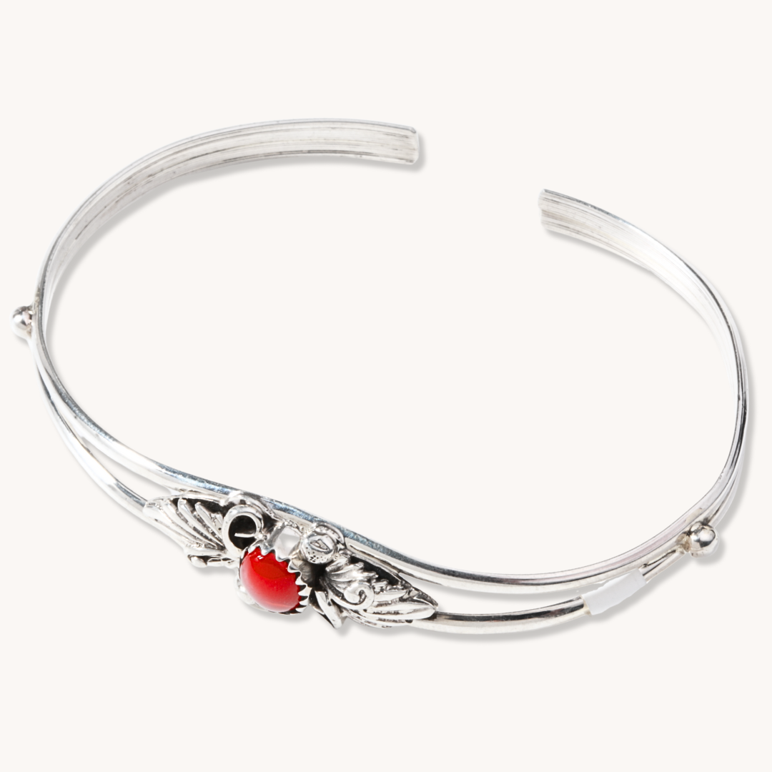 Dainty Coral Cuff Bracelet with Feather & Filigree Accents