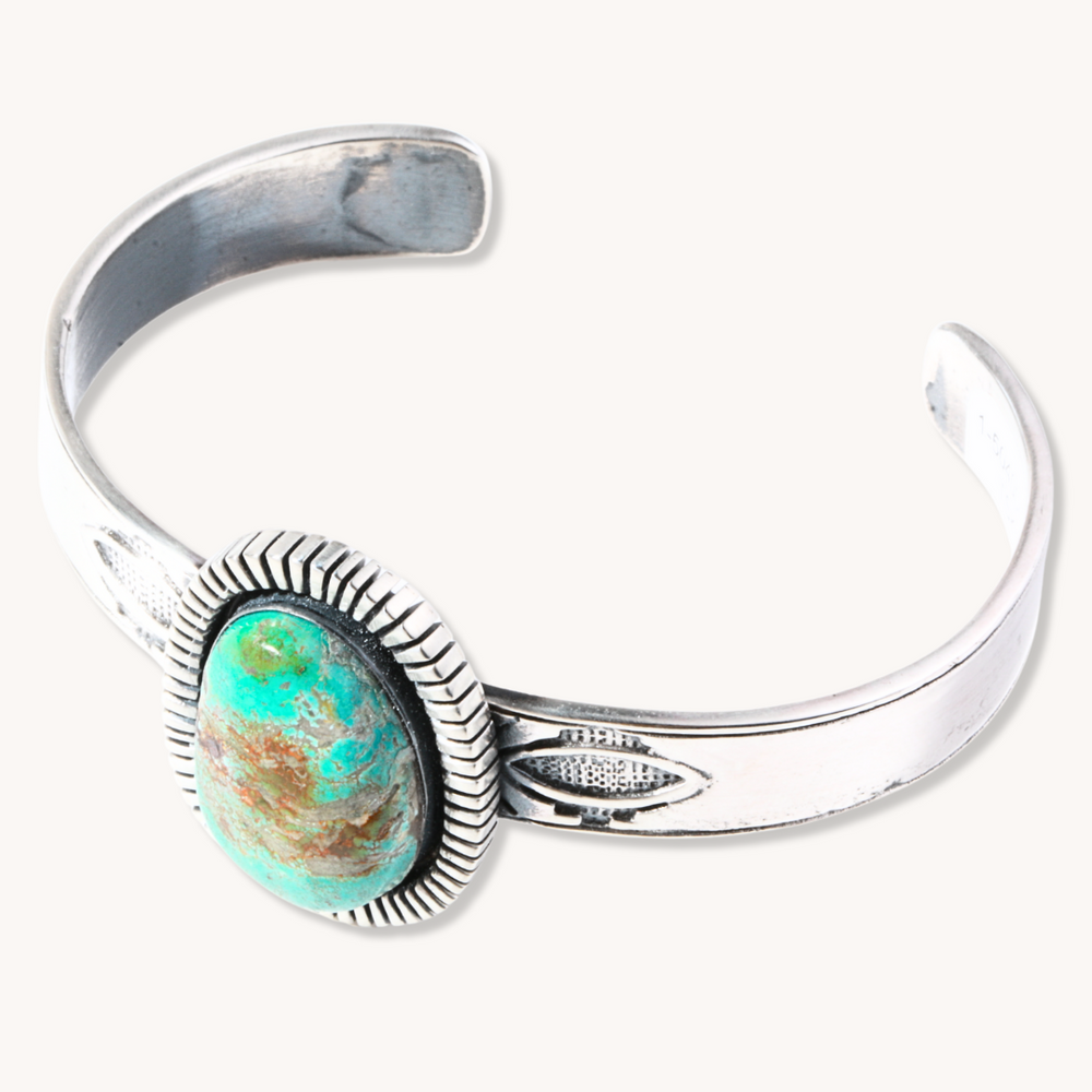 Turquoise Cuff Bracelet with Saw-Work Border