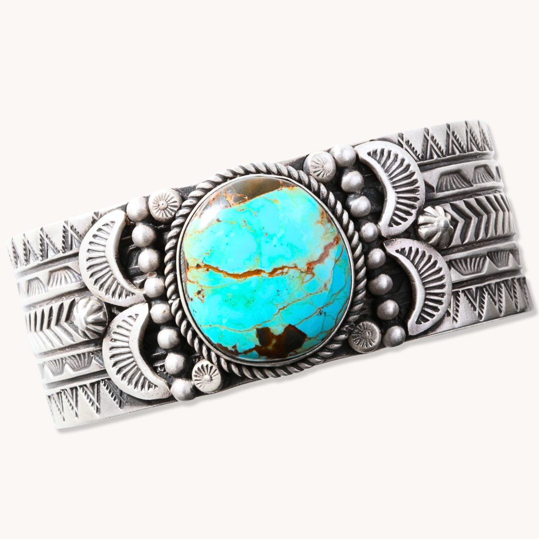 Hand-Stamped Cuff Bracelet with Turquoise and Shield Accents