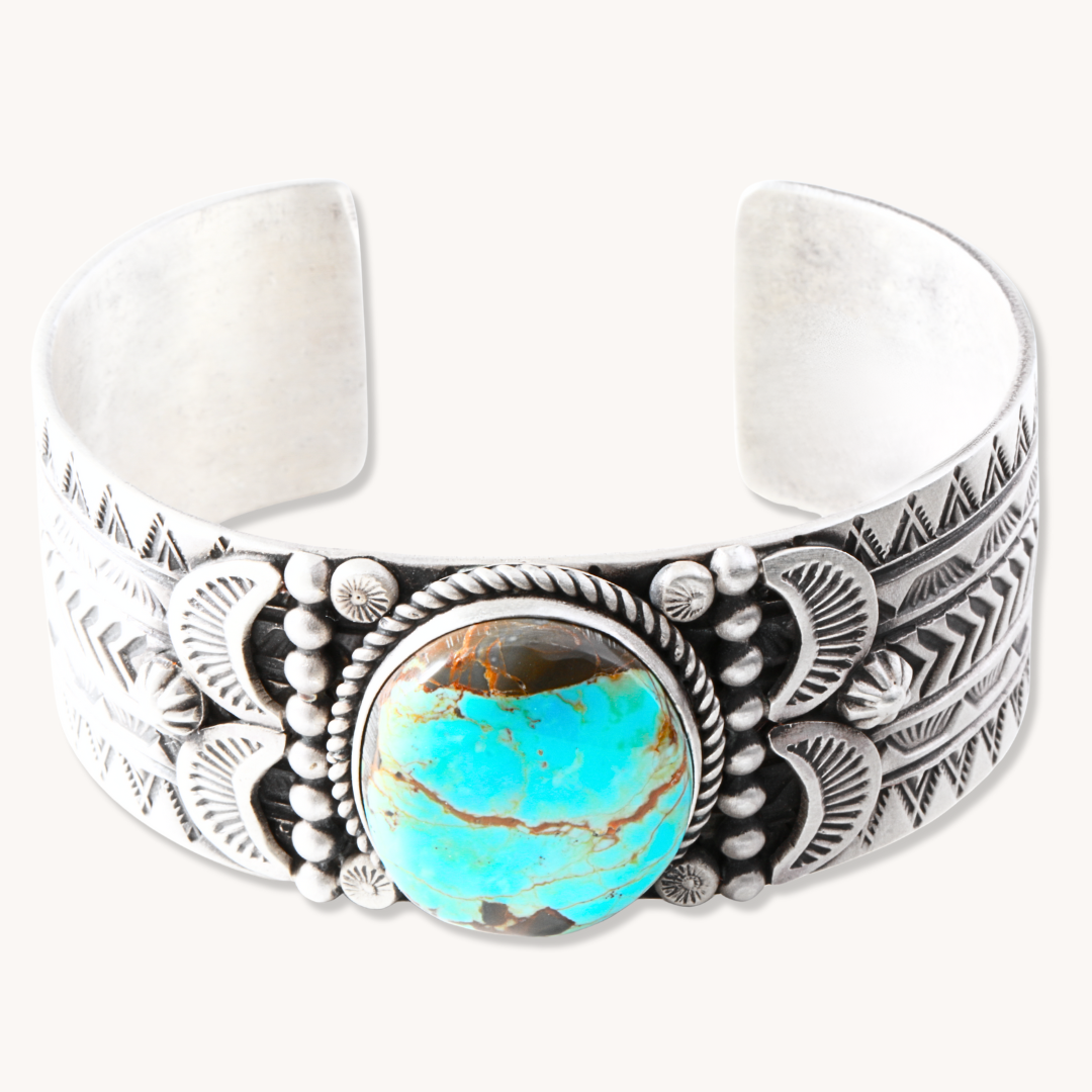 Hand-Stamped Cuff Bracelet with Turquoise and Shield Accents