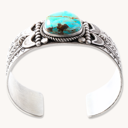 Hand-Stamped Cuff Bracelet with Turquoise and Shield Accents