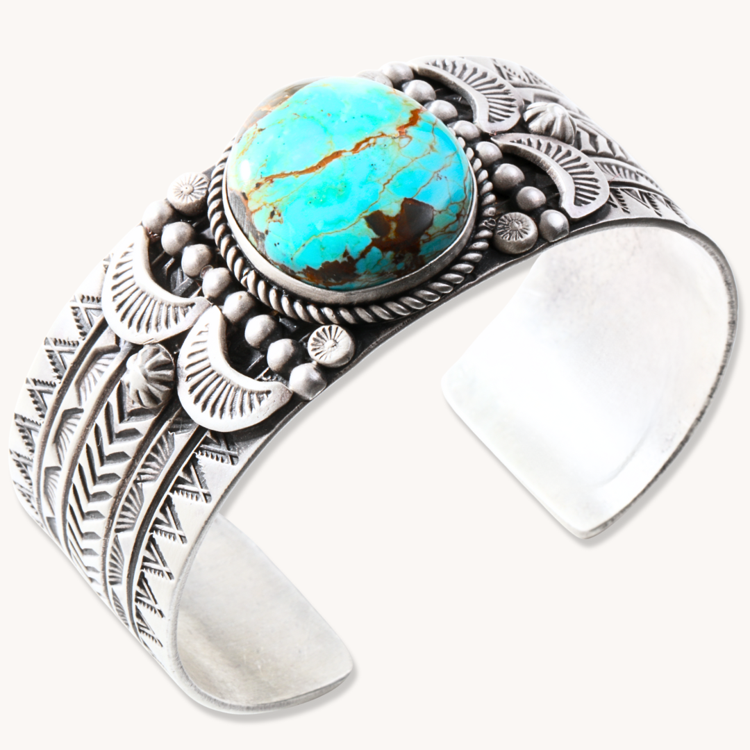 Hand-Stamped Cuff Bracelet with Turquoise and Shield Accents