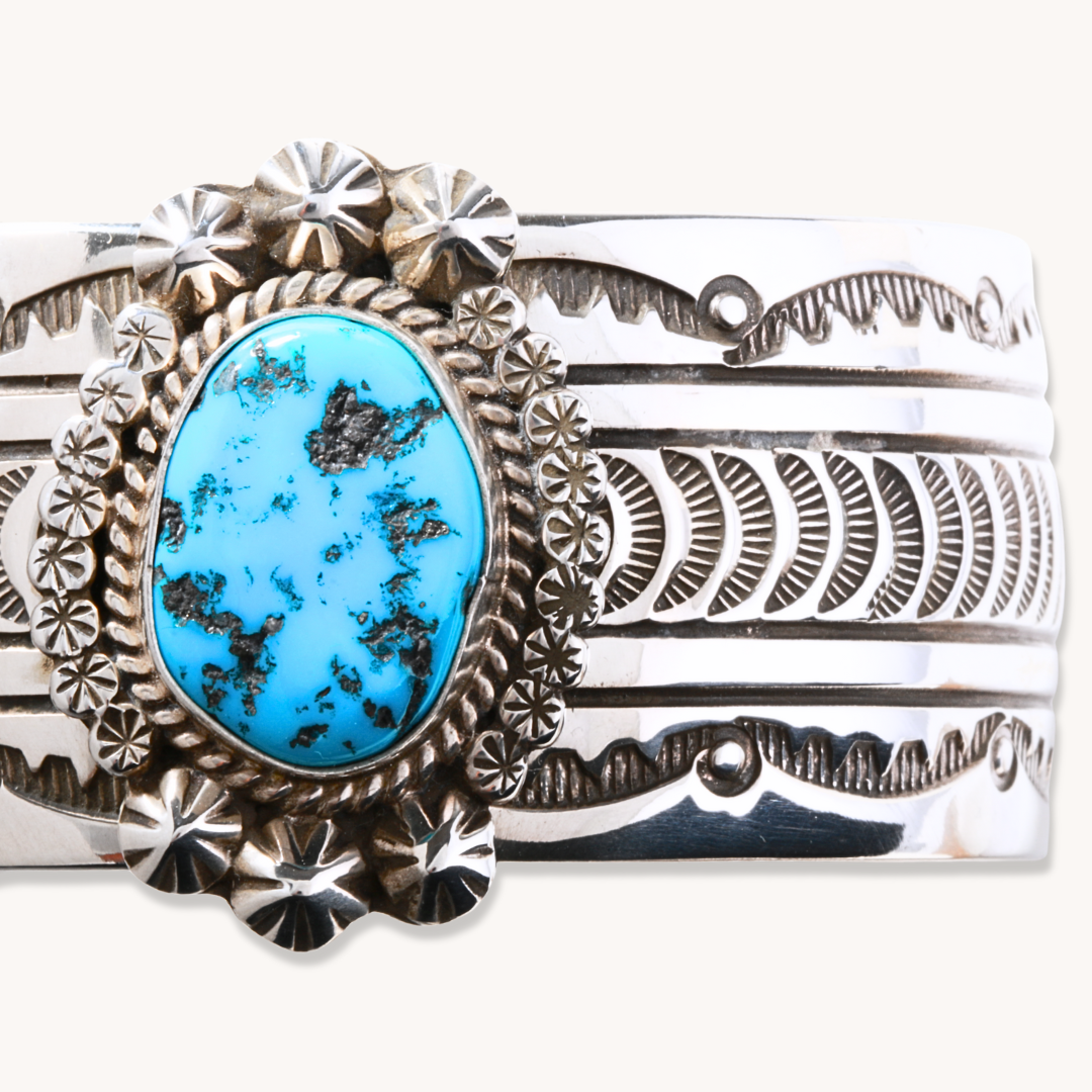 Hand-Stamped Cuff Bracelet with Turquoise Centerpiece