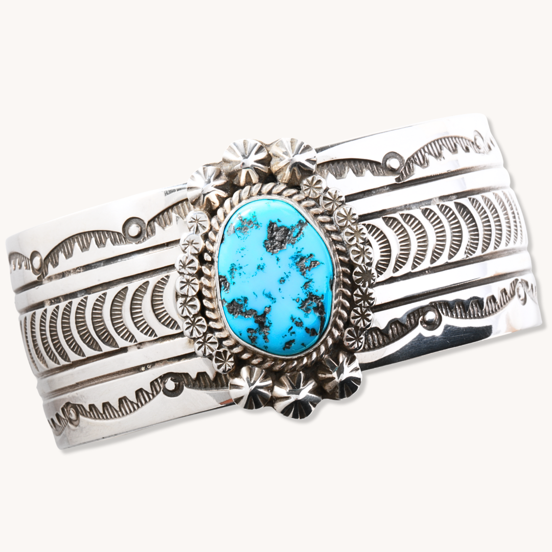 Hand-Stamped Cuff Bracelet with Turquoise Centerpiece