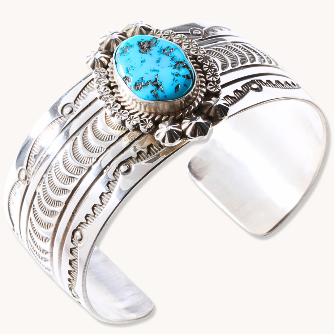 Hand-Stamped Cuff Bracelet with Turquoise Centerpiece