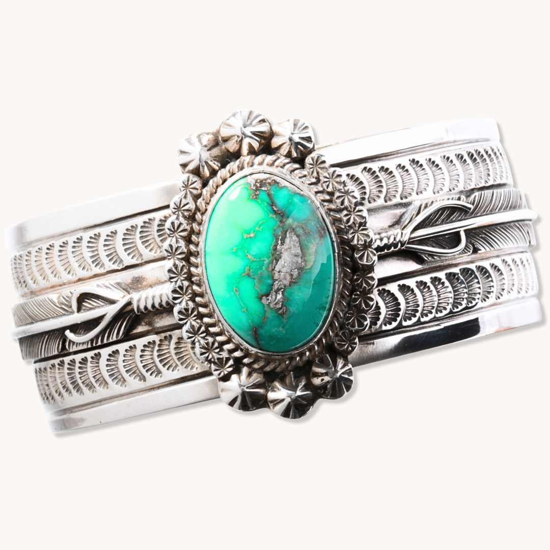 Turquoise Cuff Bracelet with Feather Accents