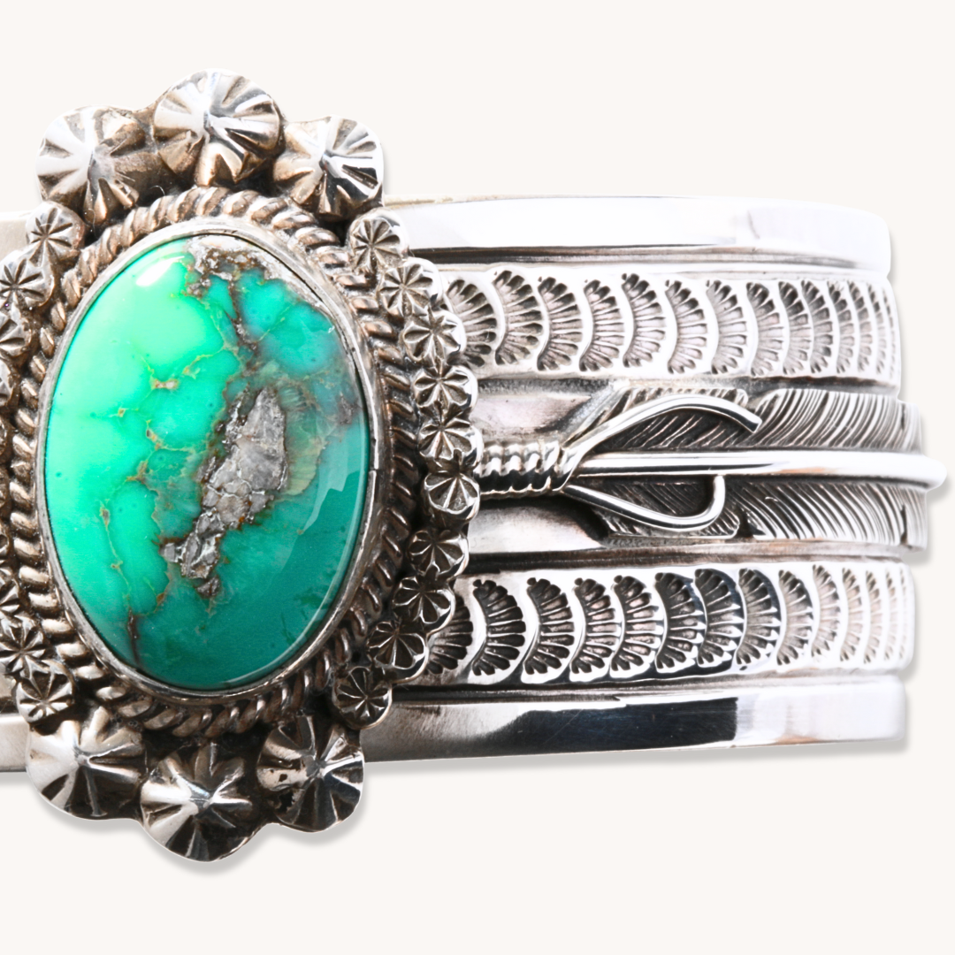 Turquoise Cuff Bracelet with Feather Accents