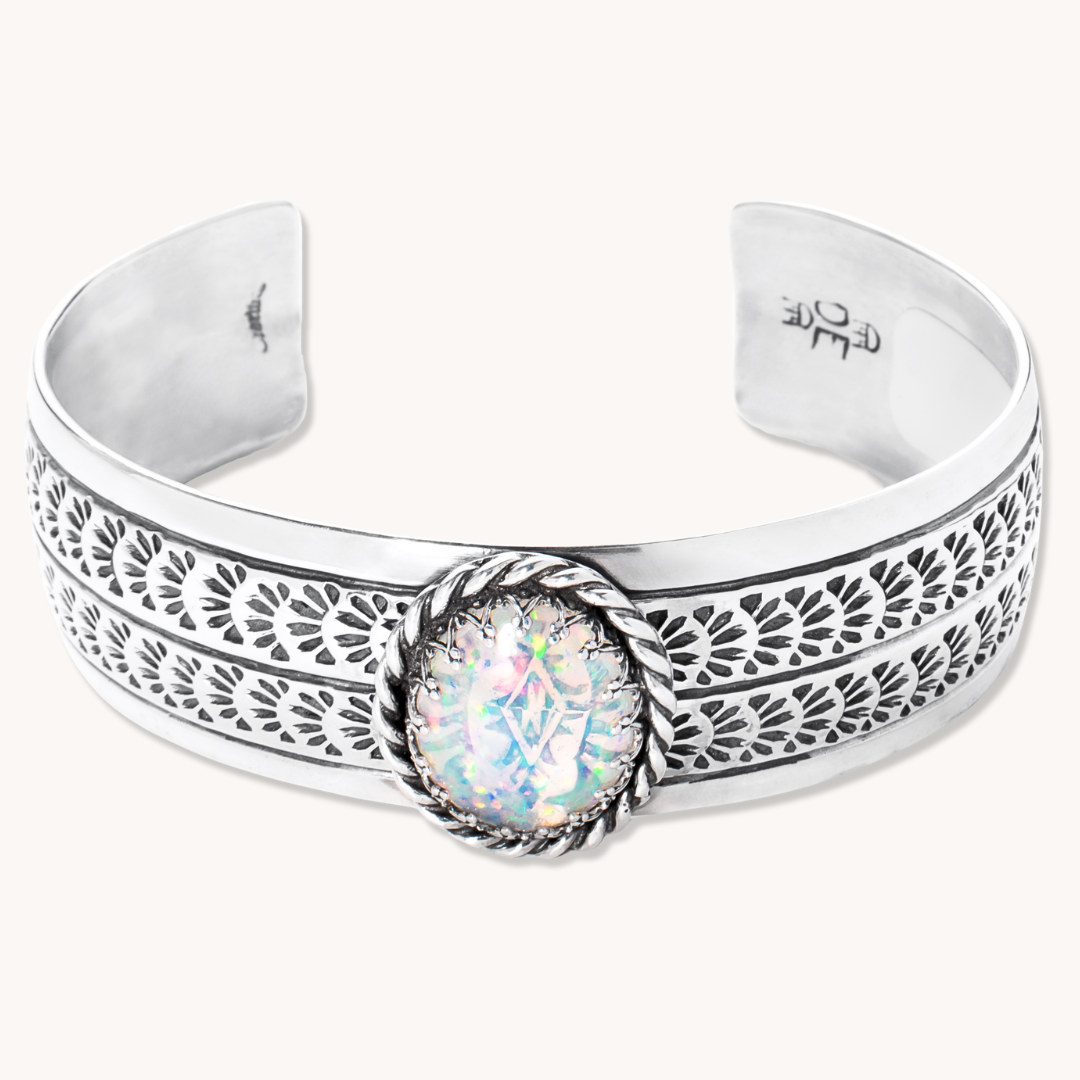 Handstamped Cuff Bracelet with White Opal