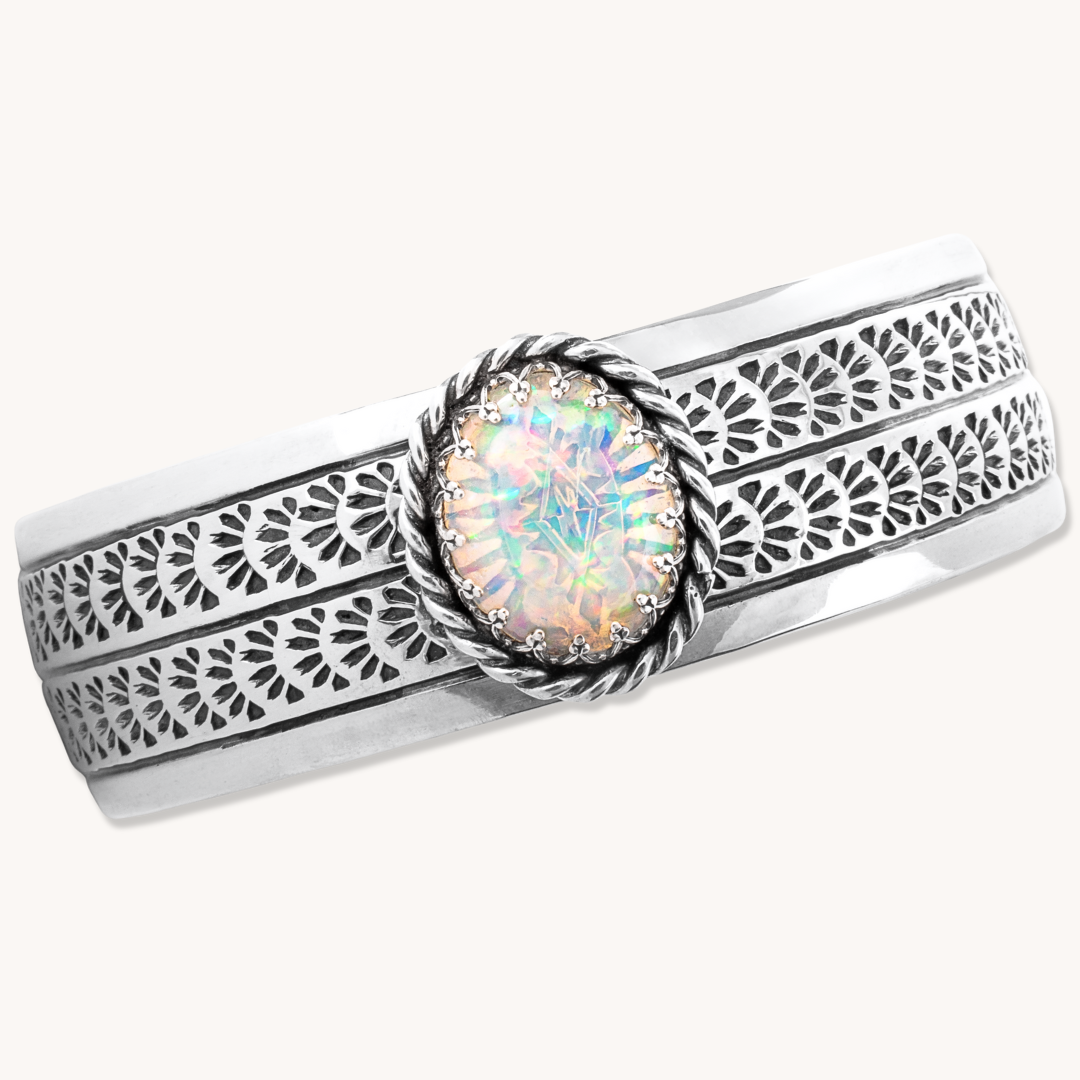 Handstamped Cuff Bracelet with White Opal