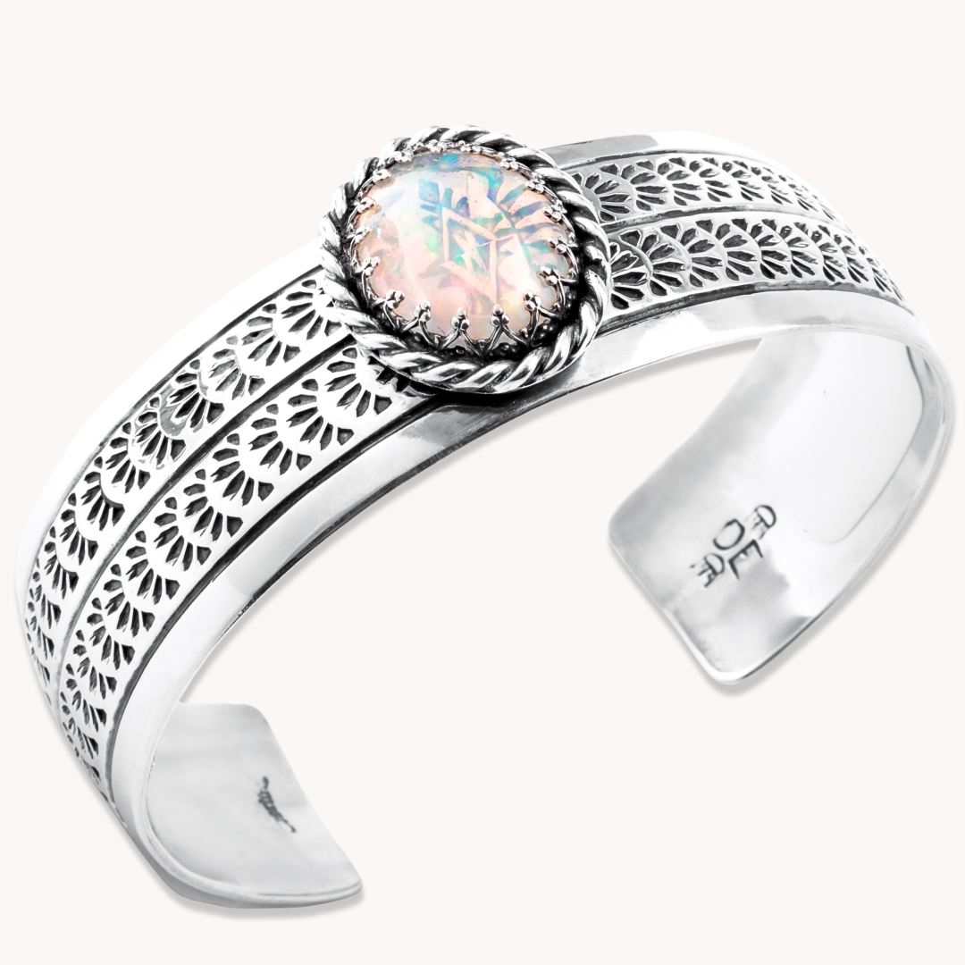 Handstamped Cuff Bracelet with White Opal