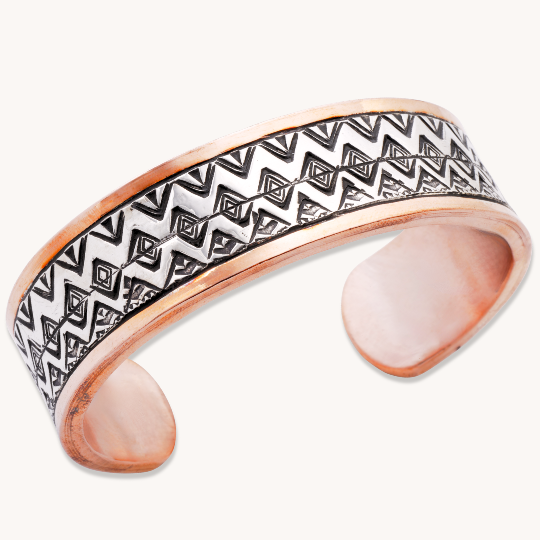 Copper Cuff Bracelets with Hand-Stamped Silver Overlay