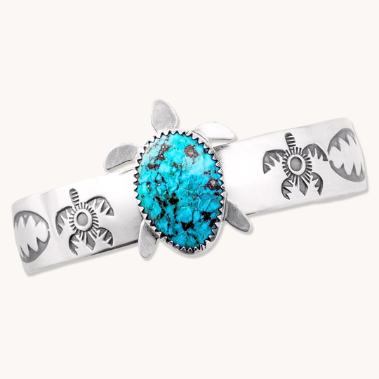 Stamped Turtle Cuff Bracelet with Campitos Turquoise