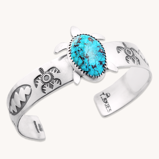 Stamped Turtle Cuff Bracelet with Campitos Turquoise