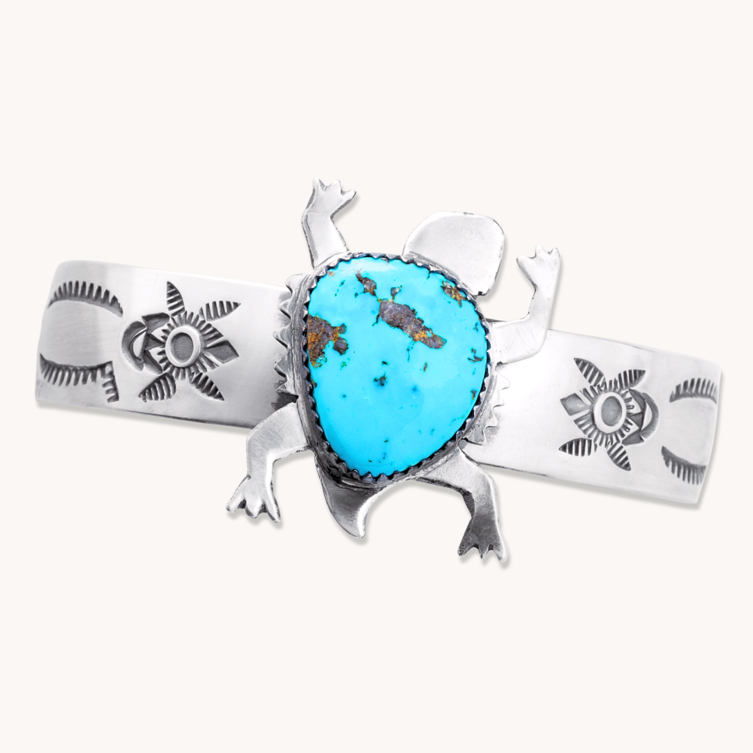 Horned Toad Stamped Cuff Bracelet with Campitos Turquoise