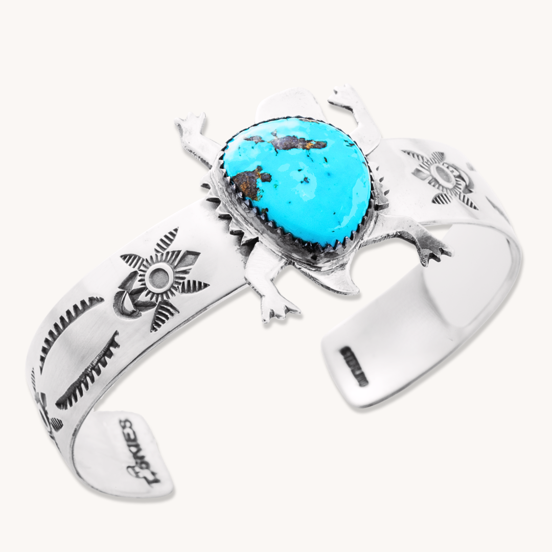 Horned Toad Stamped Cuff Bracelet with Campitos Turquoise