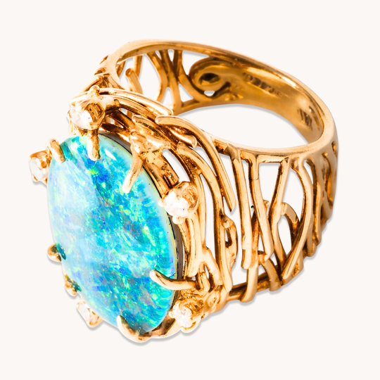 18k Gold Opal Ring with Cubic Zirconia Accents