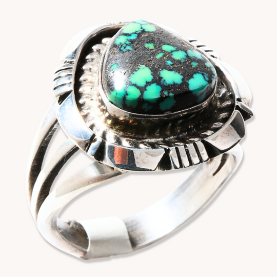 Turquoise Ring with Saw-Work Border