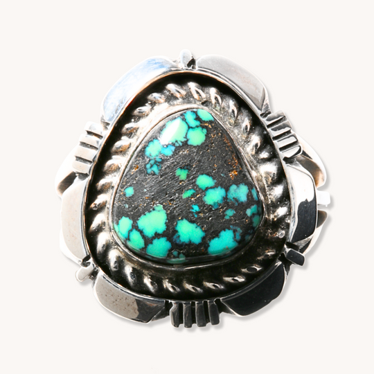 Turquoise Ring with Saw-Work Border