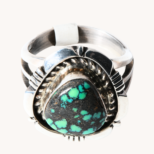 Turquoise Ring with Saw-Work Border