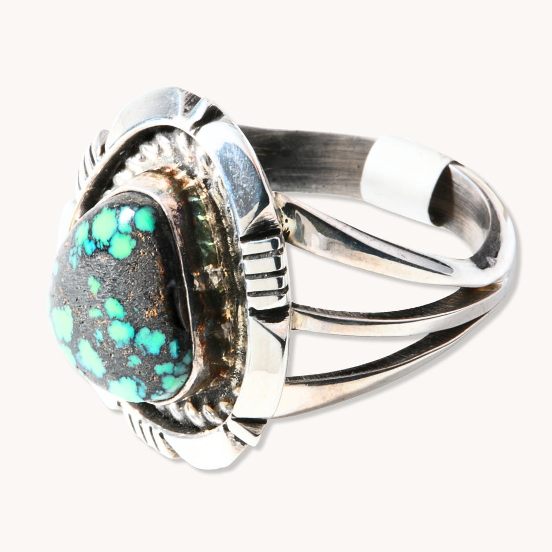 Turquoise Ring with Saw-Work Border
