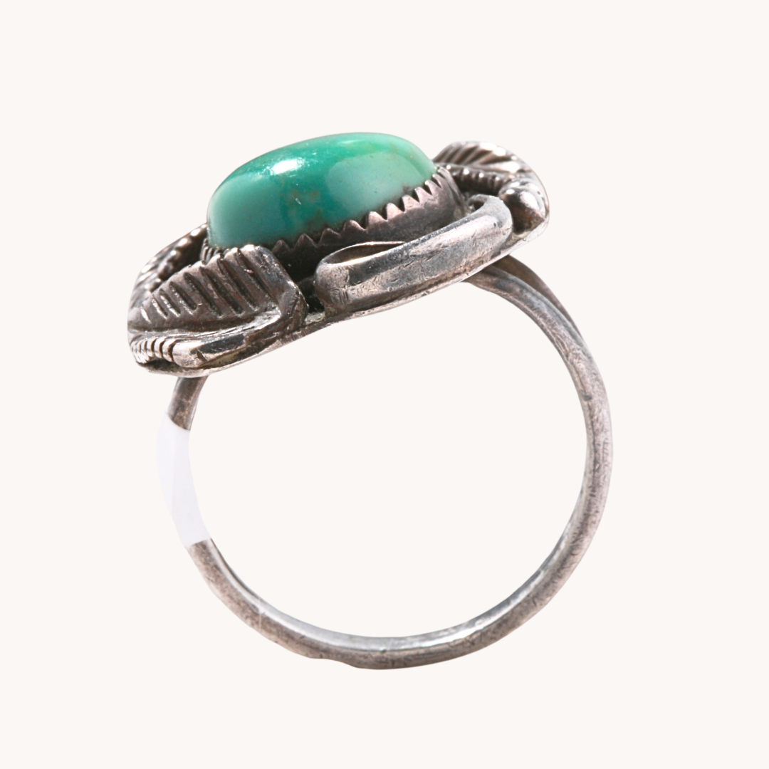 Vintage Turquoise Ring with Feather Applique