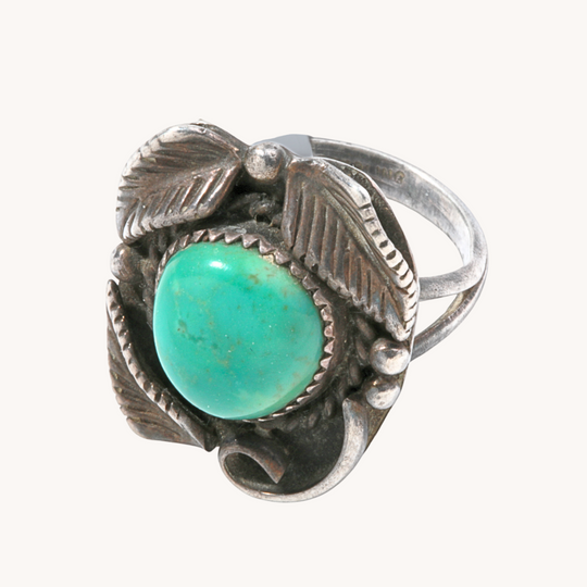 Vintage Turquoise Ring with Feather Applique